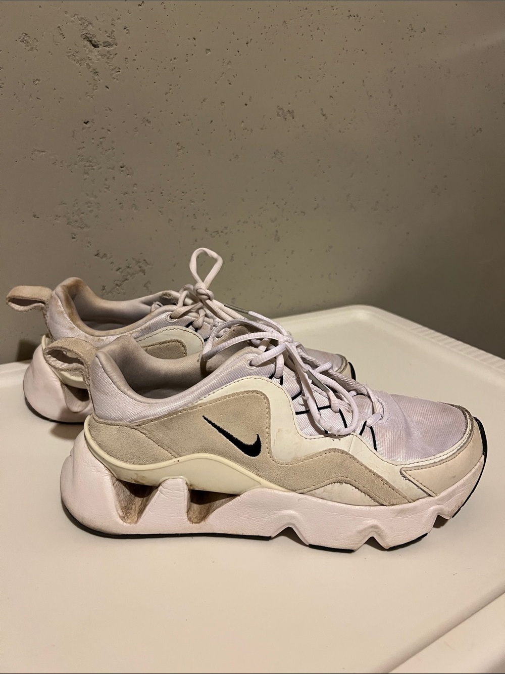 Nike Women’s Cream and White Athletic Sneakers with Black Swoosh